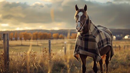 A horse wearing a brown coat and a white spot on its face stands in a field