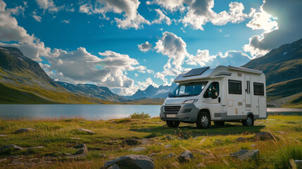 Solar Powered RV Parked in Scenic Mountain Landscape for Sustainable Adventure Travel