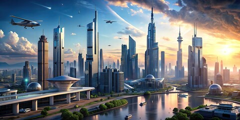 Canvas Print - Futuristic city skyline with advanced technologies and flying vehicles, future, vision, innovation, technology