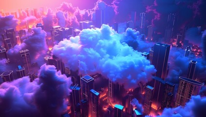 Wall Mural - Working Data cloud animation Servers and Supercomputers with Cloud Storage. Internet Artificial intelligence. Technology web background.