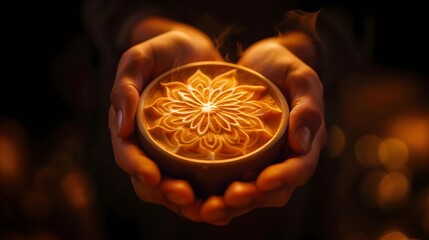 Hands holding a cup of coffee with a mandala latte art foam on top