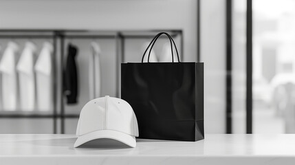 Wall Mural - mock up of white baseball cap and white shopping bag, Ai generated Images