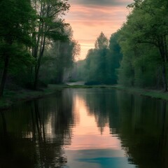 Wall Mural - Sunrise over the river, green trees, fresh air, light reflections over the river surface.