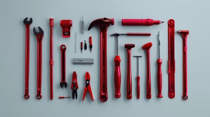 Wall Mural - stylish metallic red maintenance tools and equipment minimalist style and black bold silhouette minimalist look fun pose clean white background in clean studio lighting product photography 32k