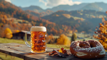 Wall Mural - Beer and Pretzel Against Mountain Backdrop