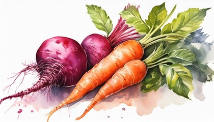 Wall Mural - Vegetable composition for juice. Carrot and beet root. Hand drawn botanical watercolor illustration isolated on white background. Vintage stile.