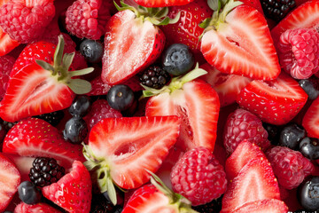 Wall Mural - Strawberries, blackberries and currants background. Summer food. 