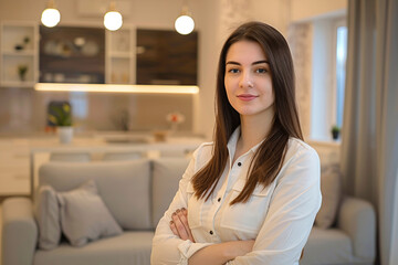 portrait of beautiful female real estate agent in modern flat