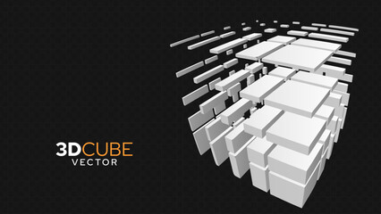 Leinwandbilder - 3D White Cube of Cubes in Perspective. Flying Cubes On A Transparent Background. Vector Illustration For Advertising.