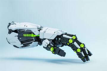 Wall Mural - robotic hand with a black and white color scheme and green highlights, reaching to the right side of the frame. The plain light blue background provides a serene and clean canvas,
