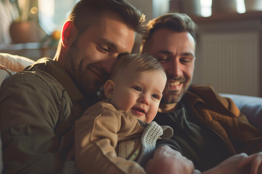 lgbt and tolerance concept, gay couple with little son at home