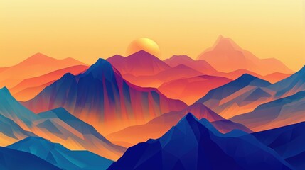 Wall Mural - A vibrant painting of a mountain range with the sun shining through the orangetinted mountains, showcasing creative use of tints and shades and triangular shapes AIG50