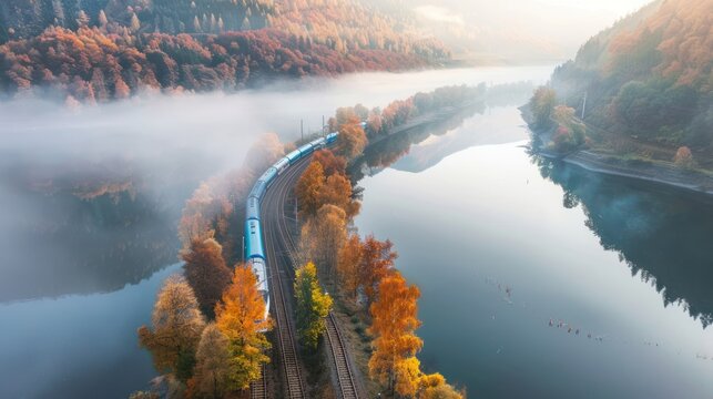 A train is traveling down a track next to a body of calm river water