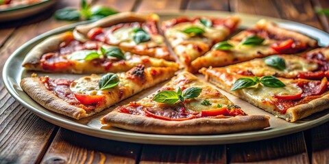 Close-up of delicious pizza slices on a plate in a restaurant, food, Italian cuisine, restaurant, meal, dinner, tasty, cheese, tomato