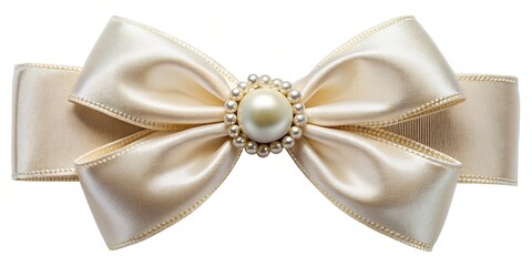 Wall Mural - Elegant satin bow decoration with pearl embellishment on white background, satin, bow