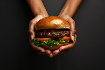 Wall Mural - woman hands holding tasty fresh burger with meat and salad