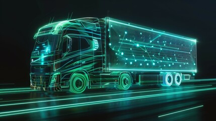 a digital illustration of an ai-powered truck acros with glowing green data streams