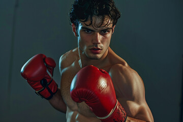 Wall Mural - handsome man in red boxing gloves over dark background