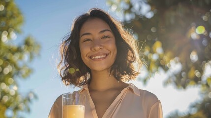 Wall Mural - Smiling woman with short hair holding a glass of orange juice standing in front of a blurred background of trees and sunlight.