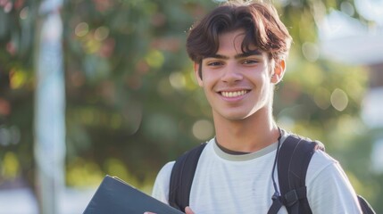Wall Mural - Young man with curly hair smiling wearing a white t-shirt and a black backpack holding a closed book.