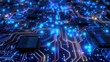 © 69 - 3D abstract digital circuit design in blue, with glowing pathways and chip patterns, representing technological innovation