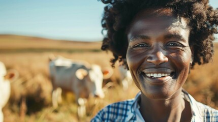 Wall Mural - A joyful woman with curly hair wearing a plaid shirt smiling brightly in a field with cows in the background.