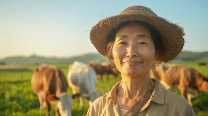 Wall Mural - A smiling elderly woman wearing a straw hat standing in a field with cows enjoying a sunny day.