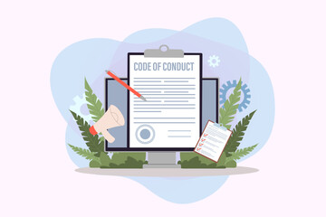 Computer monitor with code of conduct document vector illustration. Pen, megaphone, checklist, company ethical integrity document. Code of business ethics and values concept
