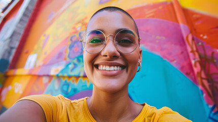 Sticker - A woman with short hair and glasses is smiling at the camera