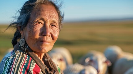 Wall Mural - An elderly woman with a serene expression wearing traditional earrings and a patterned garment standing amidst a flock of sheep in a vast open field under a clear sky.