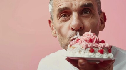 Wall Mural - A man with a smear of whipped cream on his face holding a slice of cake with strawberries and whipped cream against a pink background.