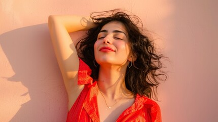 Wall Mural - A woman with dark hair wearing a red top leaning against a pink wall with her eyes closed smiling and her hand on her head exuding a relaxed and content vibe.