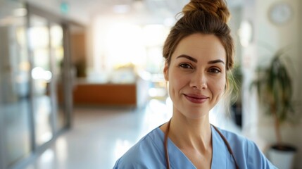 Sticker - Smiling woman in blue scrubs in a brightly lit hallway with a blurred background.