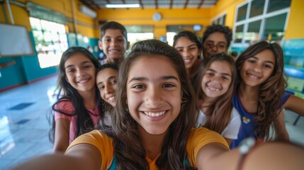 Wall Mural - A group of young children possibly students smiling and posing together for a selfie in a classroom setting.