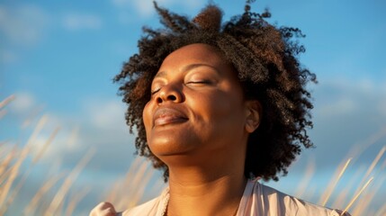 Canvas Print - A woman with curly hair eyes closed smiling and looking up towards the sky surrounded by tall grass with a clear blue sky in the background.