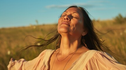 Wall Mural - A woman with closed eyes wearing a light-colored blouse standing in a field with her arms outstretched enjoying the breeze and the natural surroundings.