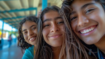 Wall Mural - Three young girls with long hair smiling brightly posing together for a selfie under a blue structure with sunlight streaming through.