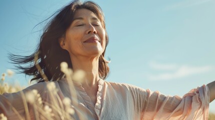 Wall Mural - Woman with closed eyes smiling and arms outstretched in a field of tall grass under a clear blue sky.