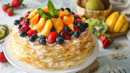 Wall Mural - Delightful crepe cake adorned with fresh fruit on a white platter for special occasions