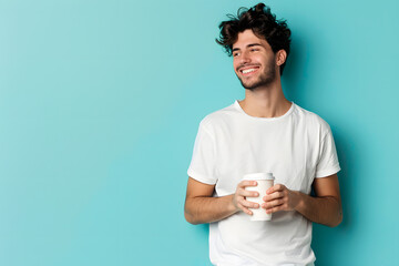 A cheerful young man in casual attire, holding a coffee cup and looking off to the side with a relaxed smile, isolated on a solid pastel blue background 