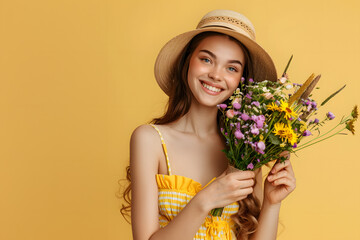 Wall Mural - A fashionable young woman in a summer dress, holding a bouquet of flowers and smiling, isolated on a solid light yellow background 