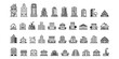© GN.STUDIO - Various black and white building icon set including houses, offices, and churches, minimalist design, white background. Vector illustration