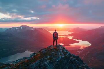 Man enjoys beautiful sunset view from mountain top in Norway.