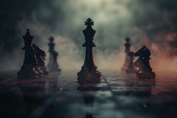 Chess figures on a dark chessboard surrounded by smoke and haze. Ai generative