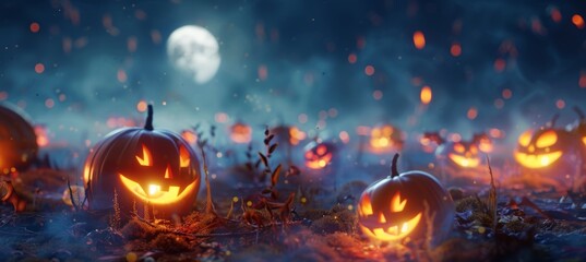 spooky halloween pumpkin patch at night with glowing jack-o'-lanterns under full moon
