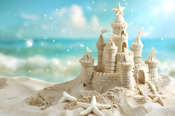 Wall Mural - Sand castle on the beach with bokeh background.