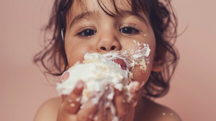 Wall Mural - A young child with a joyful expression enjoying a piece of cake with white frosting their face and hands smeared with cake against a soft pink background.