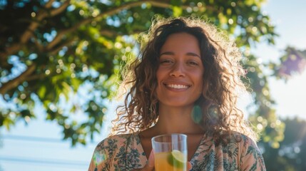 Wall Mural - A woman with curly hair smiling and holding a glass of orange juice with a slice of lime.