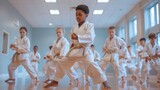 Group of young multiethnic karate fighters practicing fighting stances in dojo