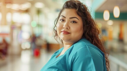 Canvas Print - A woman with curly hair wearing a blue top standing in a brightly lit room with blurred background possibly a hospital or medical facility.